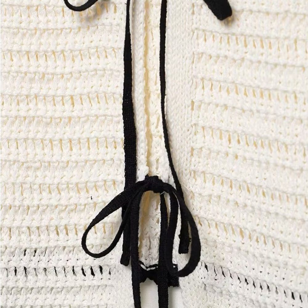 Zara Cream Knit Crop Top with Black Ties - Picture 4 of 5